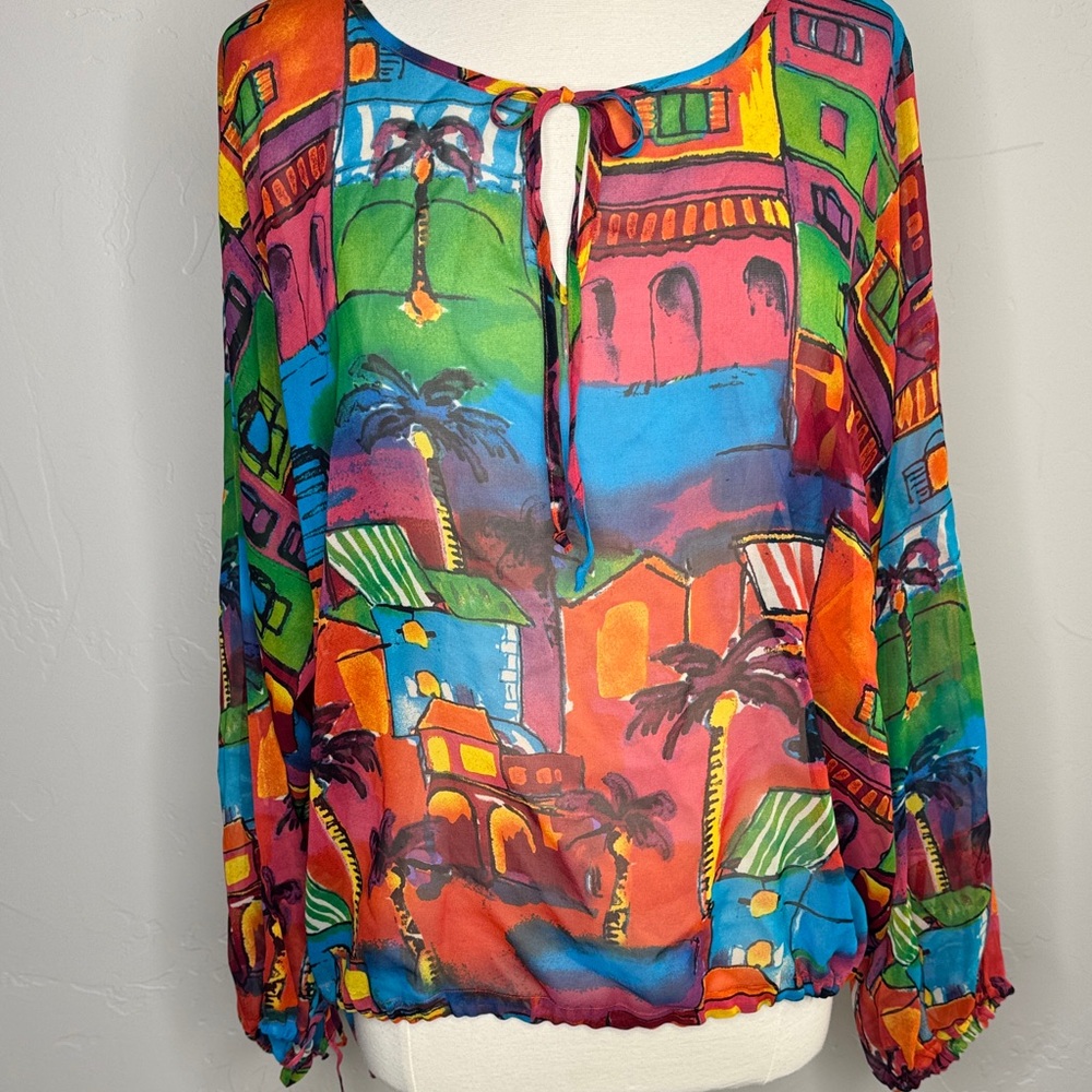 Colorful Printed Oversized Lightweight Peasant Top